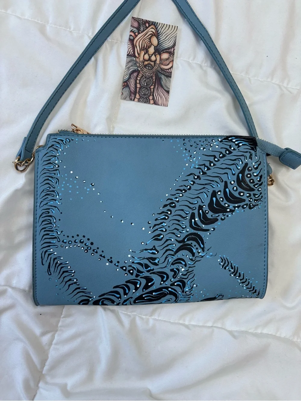 Blue Patterned Crossbody Bag. Hand painted. One of a kind.